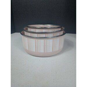 Vintage Mid Century 3 pc Enamelware Mixing  Dusty Pink, Barcode Line Bowls by Ko